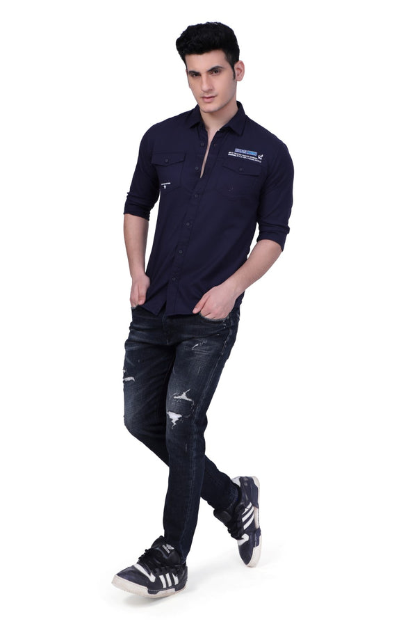 Navy Blue Self-Striped with print & embroidery plain Shirt