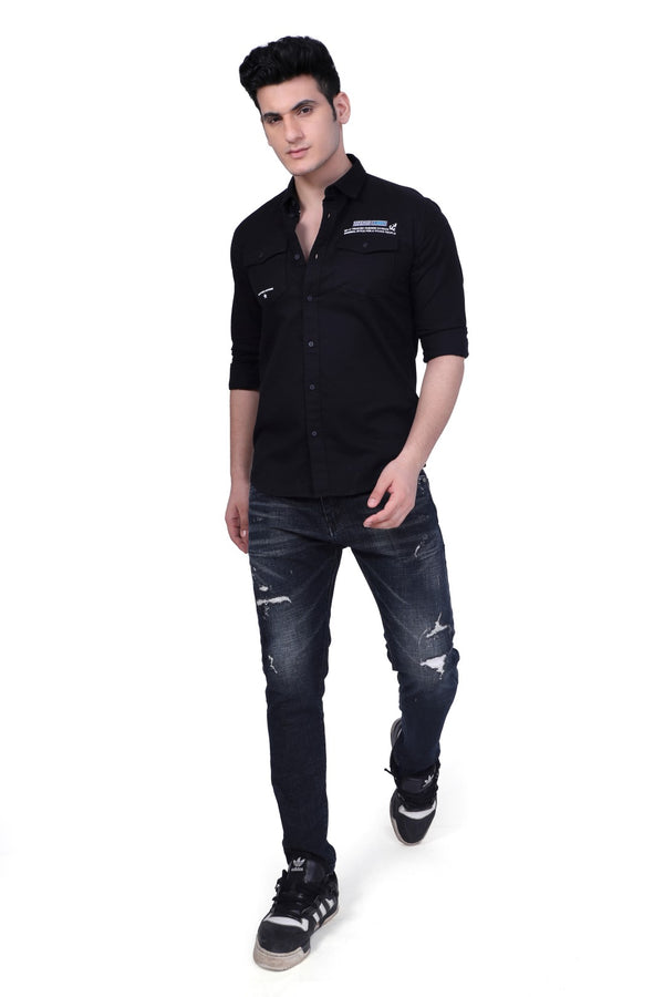 Jet Black Self-Striped with print & embroidery plain Shirt