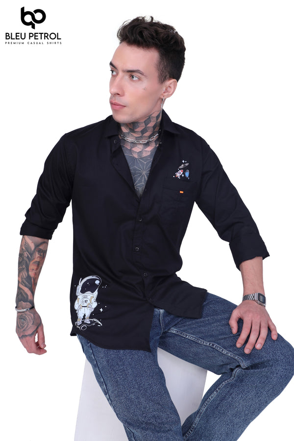 Astro World Cartoon Print Black Shirt